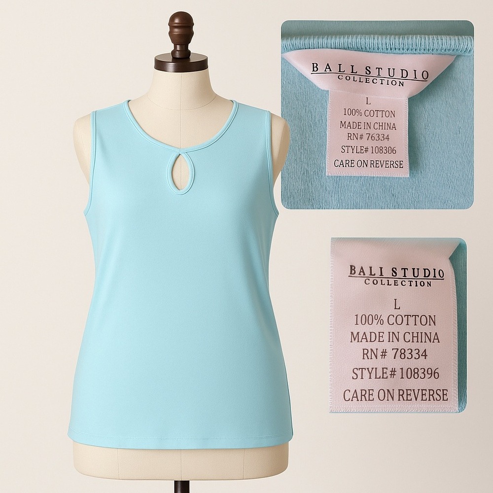 Bali Studio Collection Large Women Shirt Top Blue 100% Cotton Keyhole Workwear